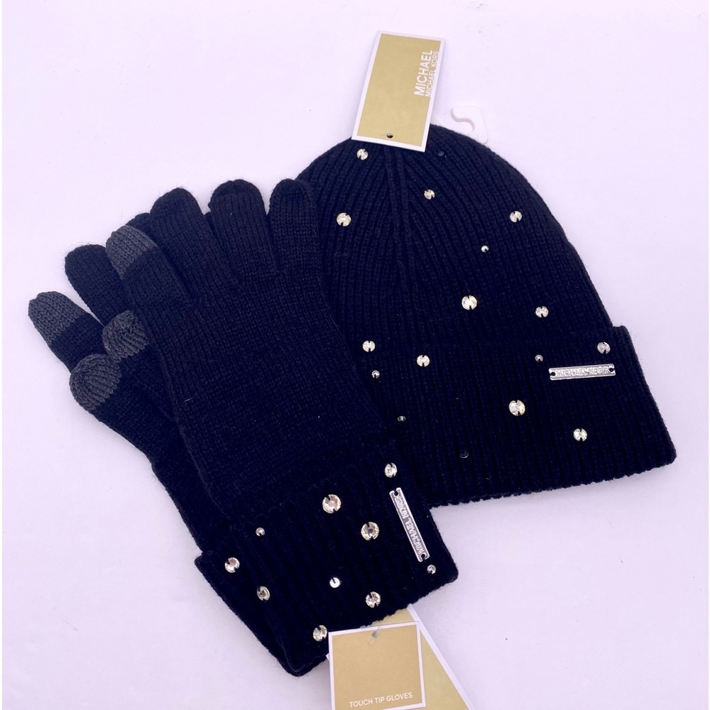Michael Kors Crystal Embellished Logo Beanie Hat and Gloves Set Acrylic - Picture 5 of 11